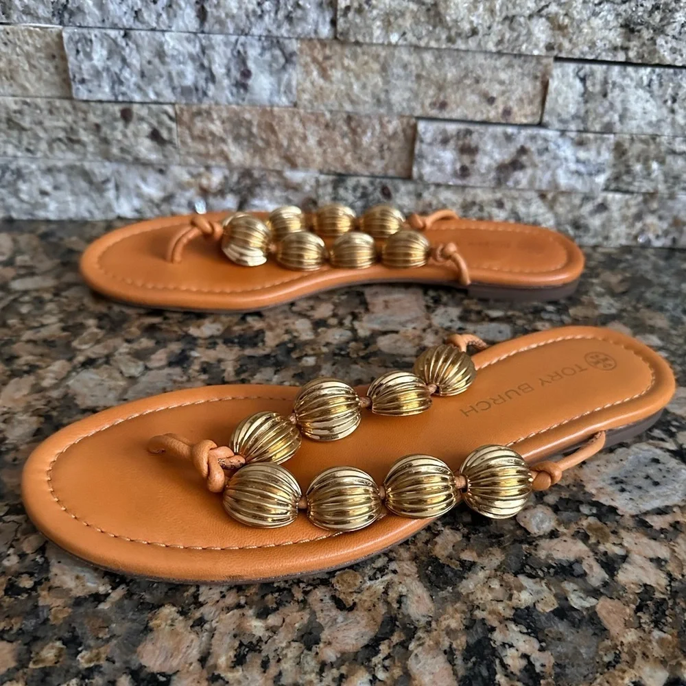 Tory Burch Capri Beaded Orange Leather Thong Sandals Size 7